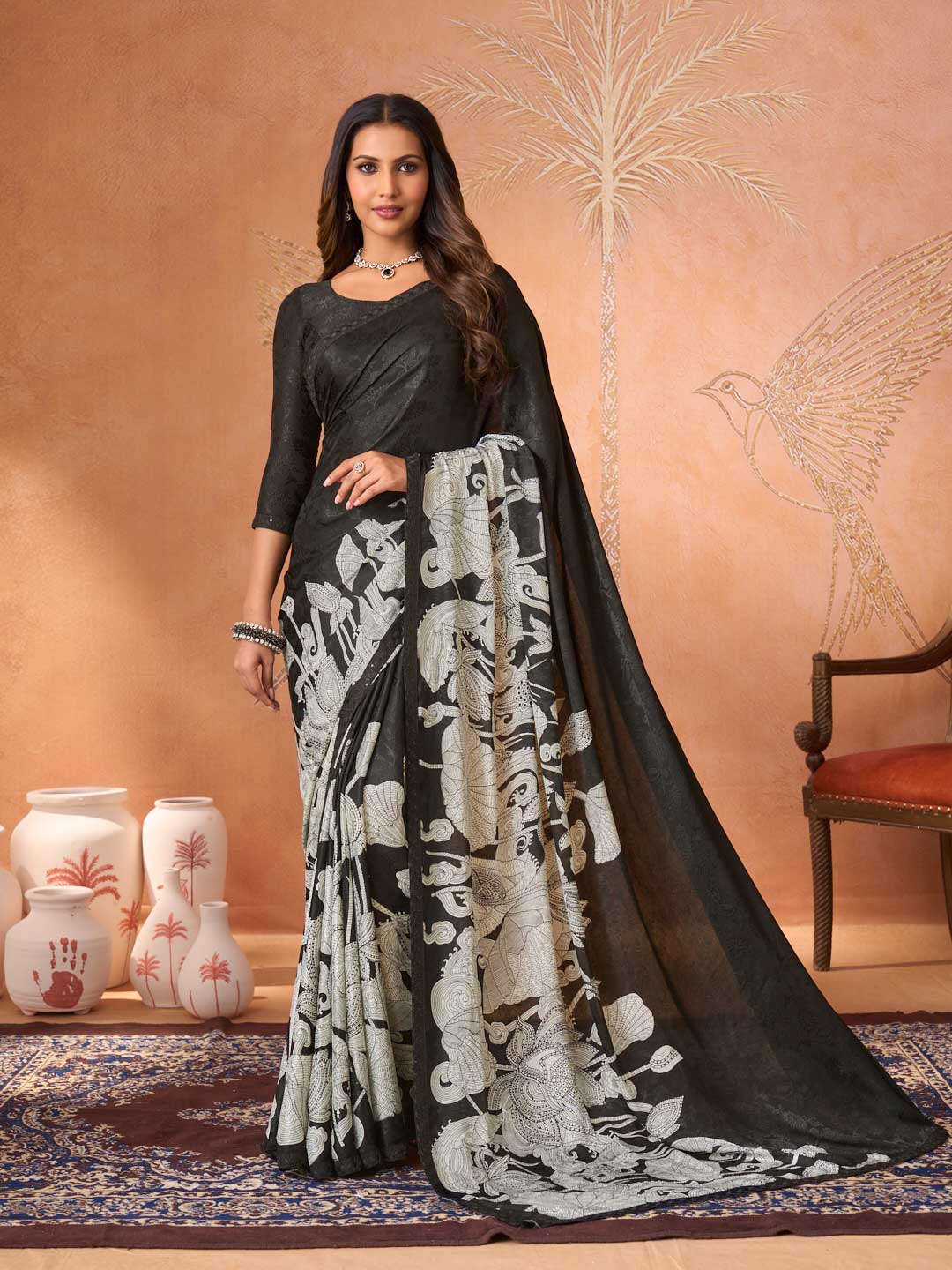 Black embroidered silk blend saree party wear