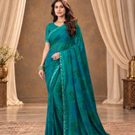 Blue printed georgette saree daily wear
