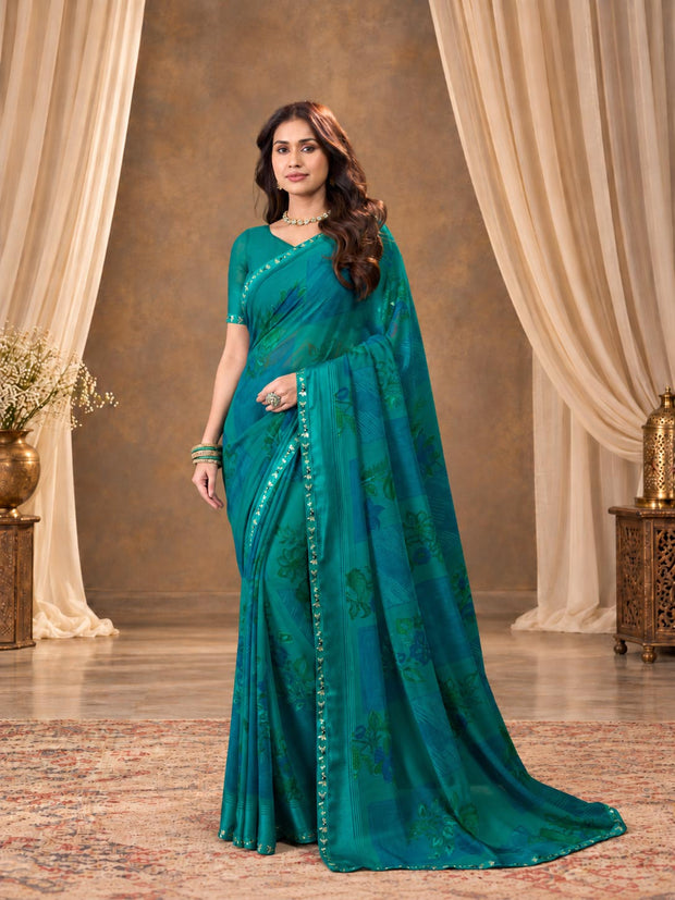 Blue printed georgette saree daily wear