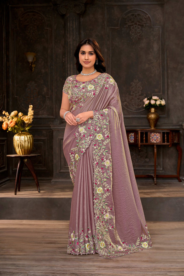 Purple embroidered silk blend saree festive wear