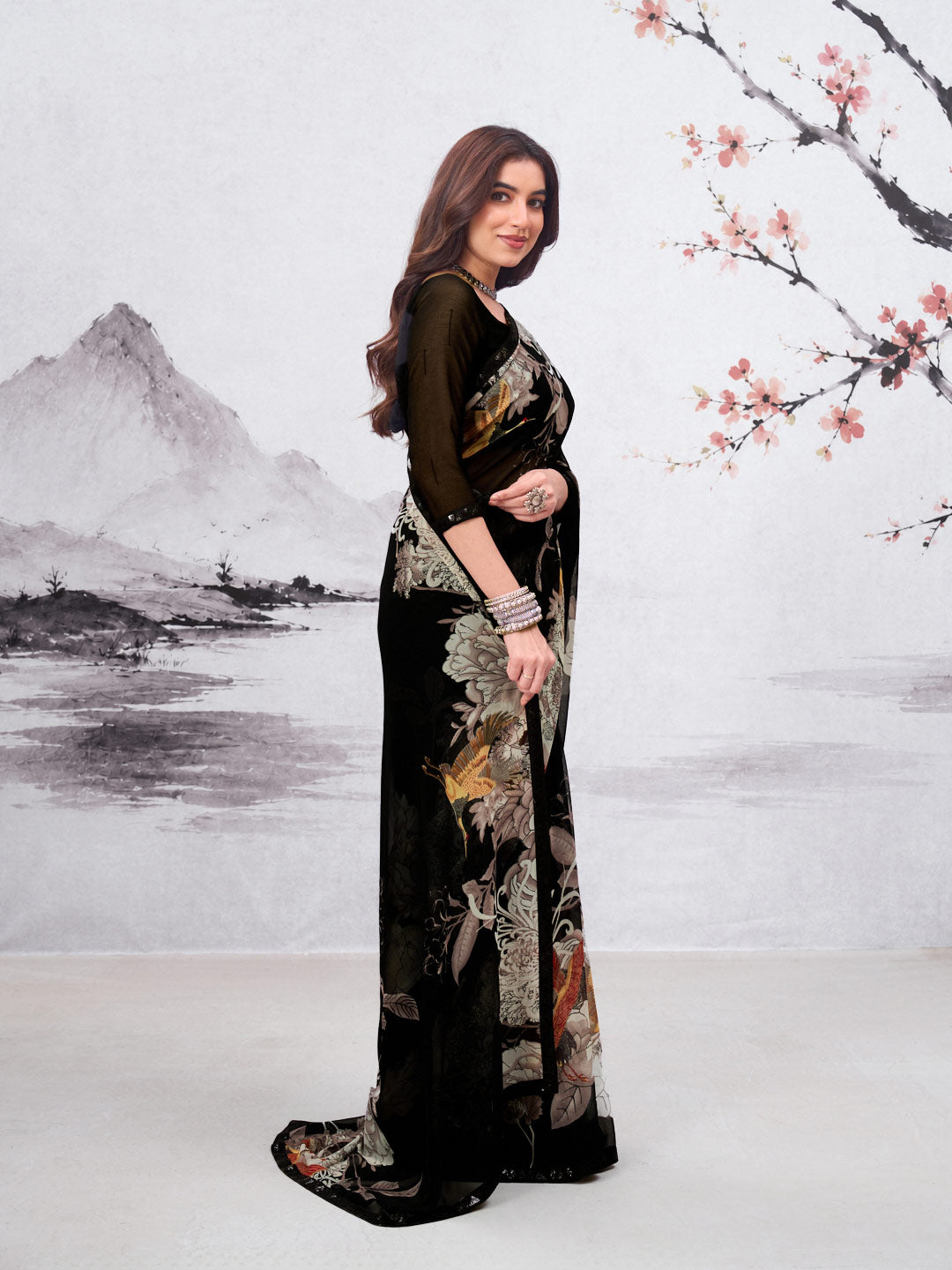 Black floral printed georgette saree casual wear