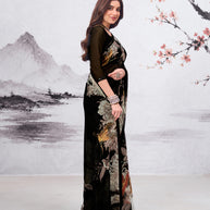 Black floral printed georgette saree casual wear