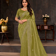 Green embroidered chiffon saree festive wear
