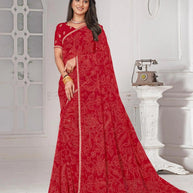 Red printed chiffon saree festive wear