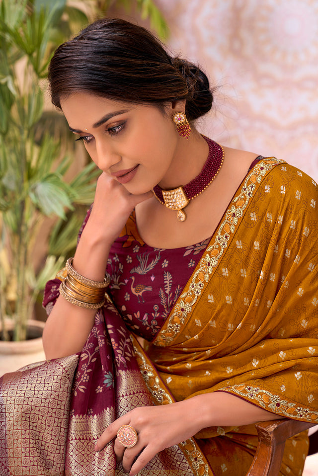 Brown embroidered chiffon saree party wear