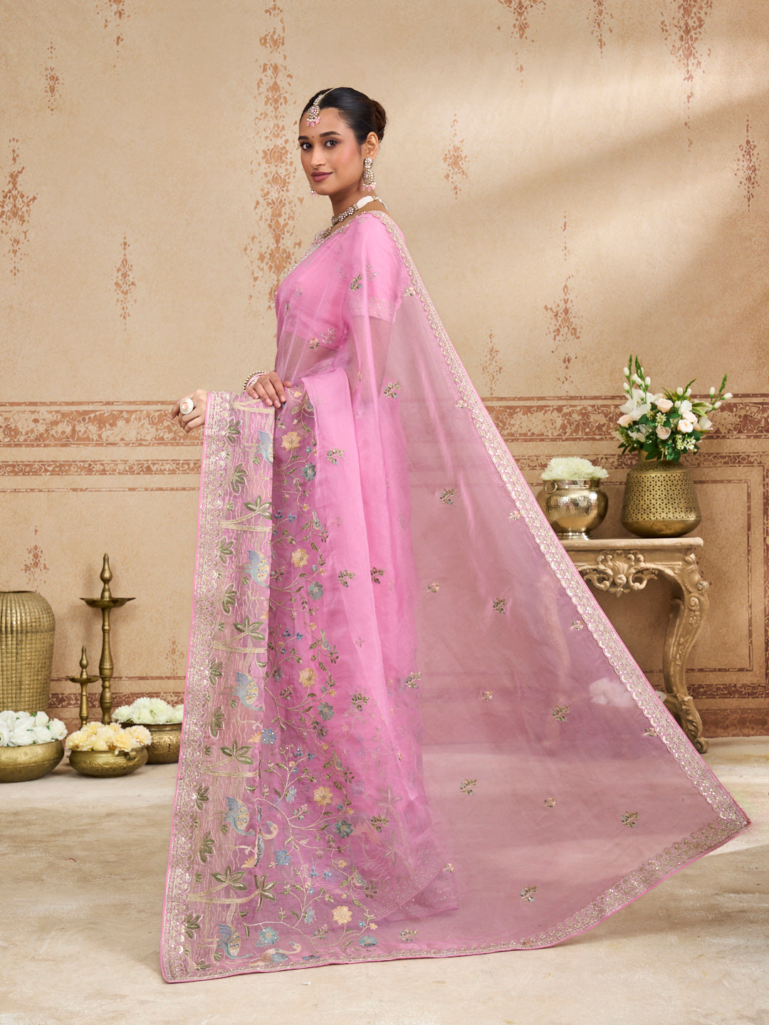 Pink embroidered chiffon saree casual wear