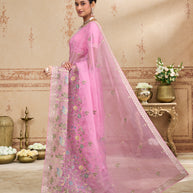 Pink embroidered chiffon saree casual wear