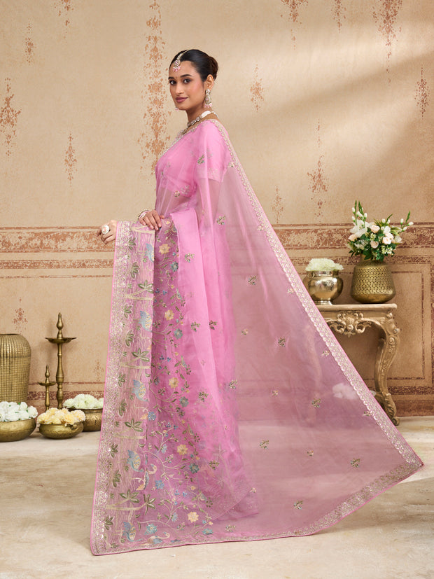 Pink embroidered chiffon saree casual wear