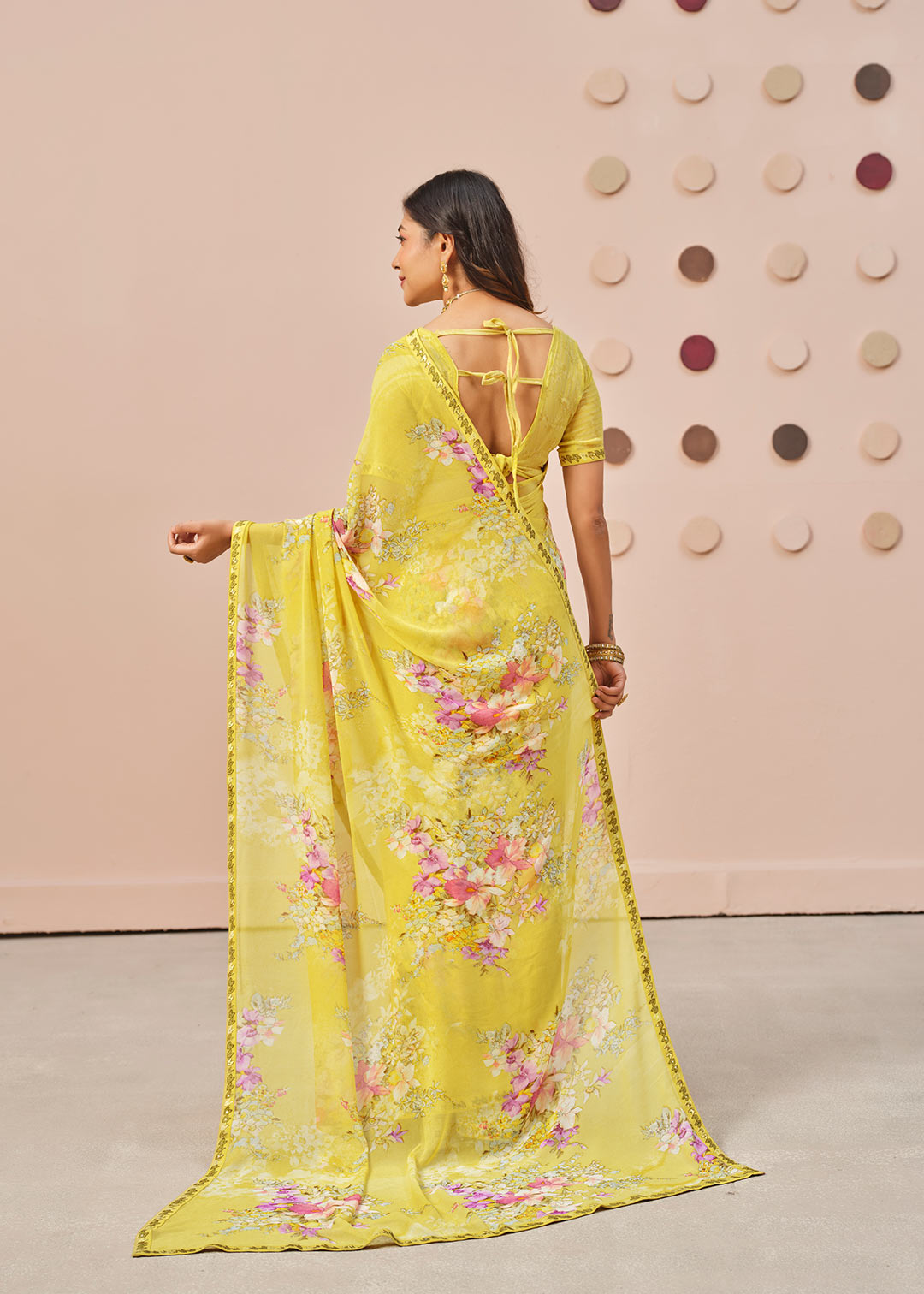 Yellow floral printed georgette saree casual wear