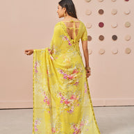 Yellow floral printed georgette saree casual wear