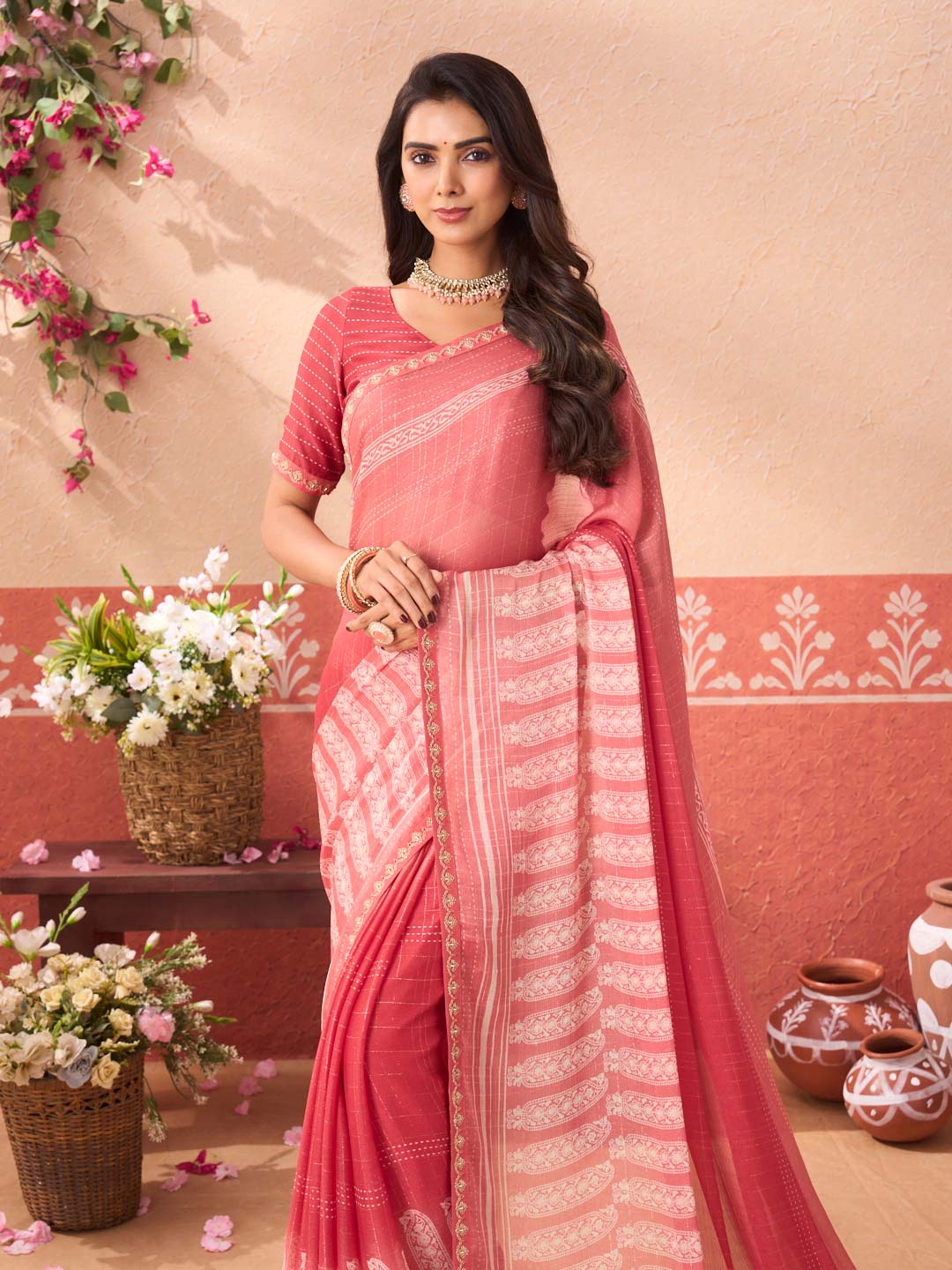 Orange floral printed chiffon saree wedding wear