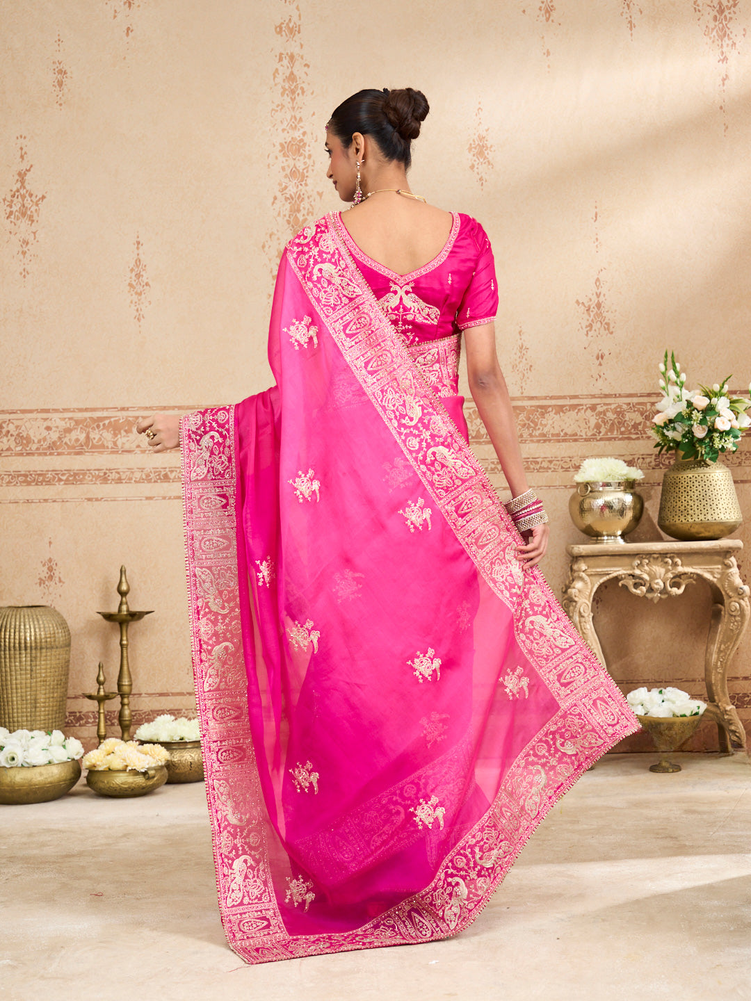 Pink embroidered tissue organza saree party wear