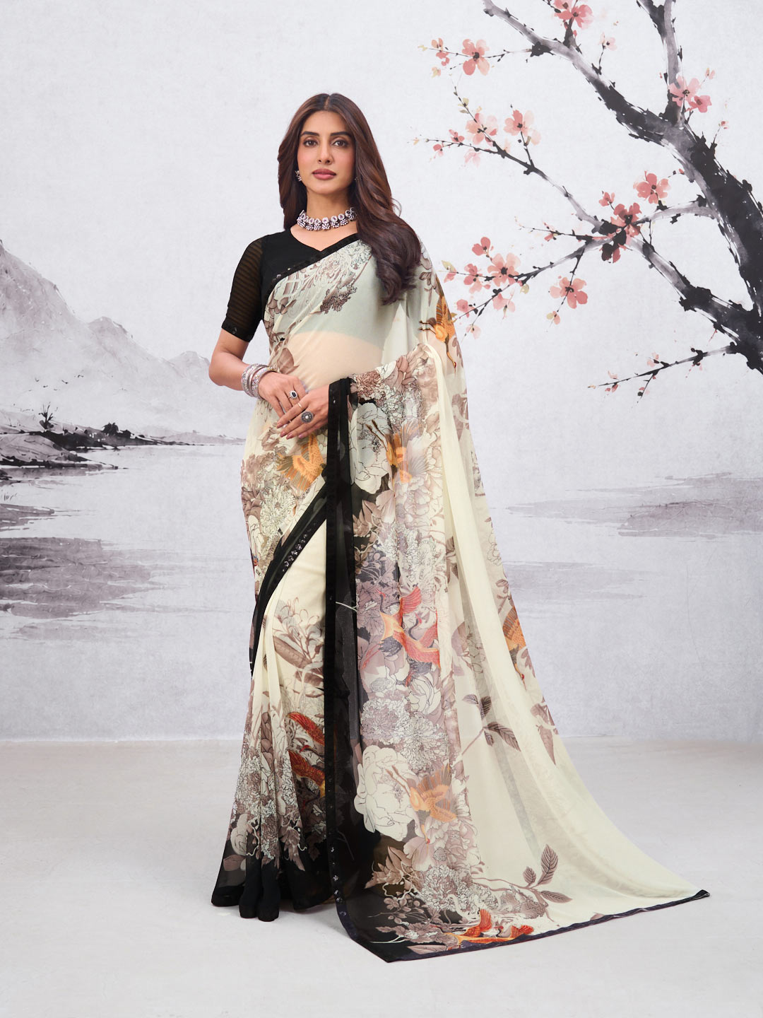 White floral printed georgette saree festive wear