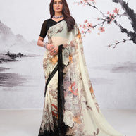White floral printed georgette saree festive wear