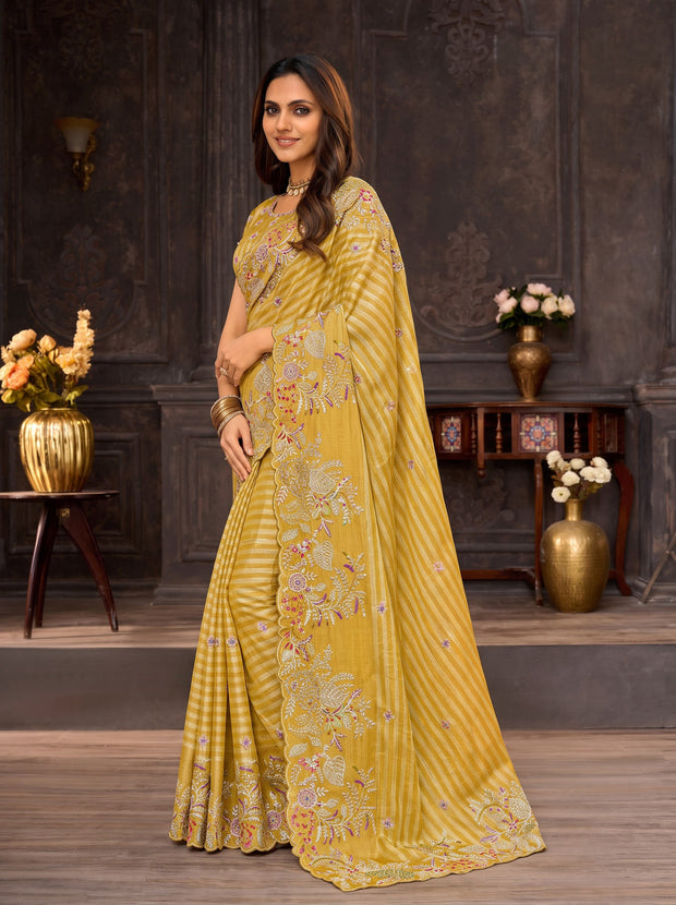 Yellow embroidered silk blend saree daily wear