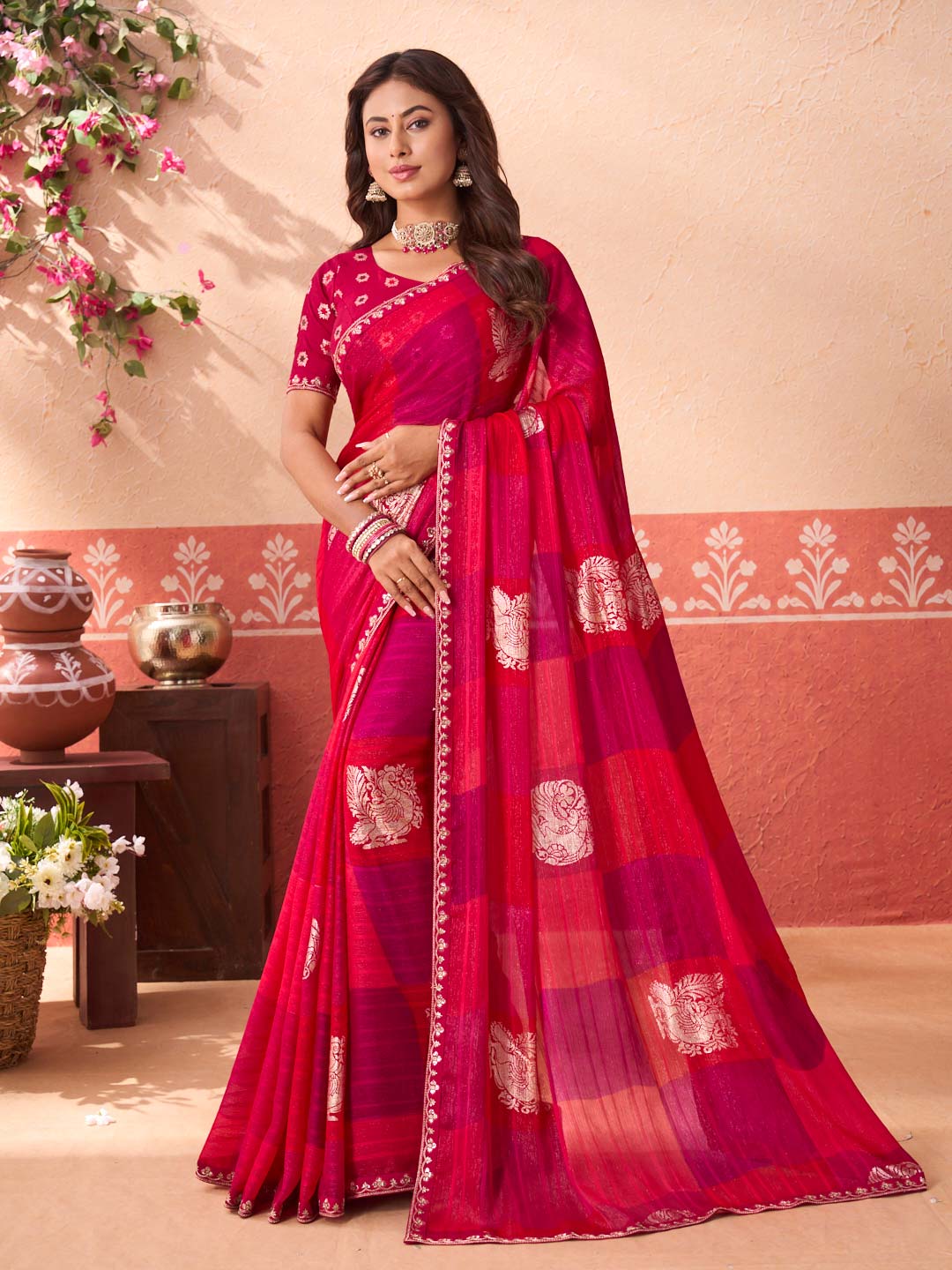 Pink geometric printed silk blend saree festive wear
