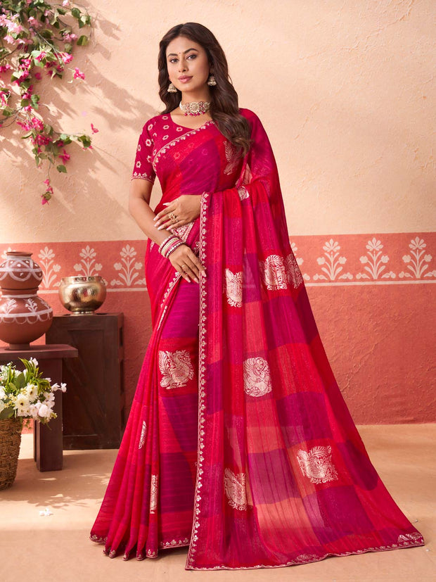 Pink geometric printed silk blend saree festive wear