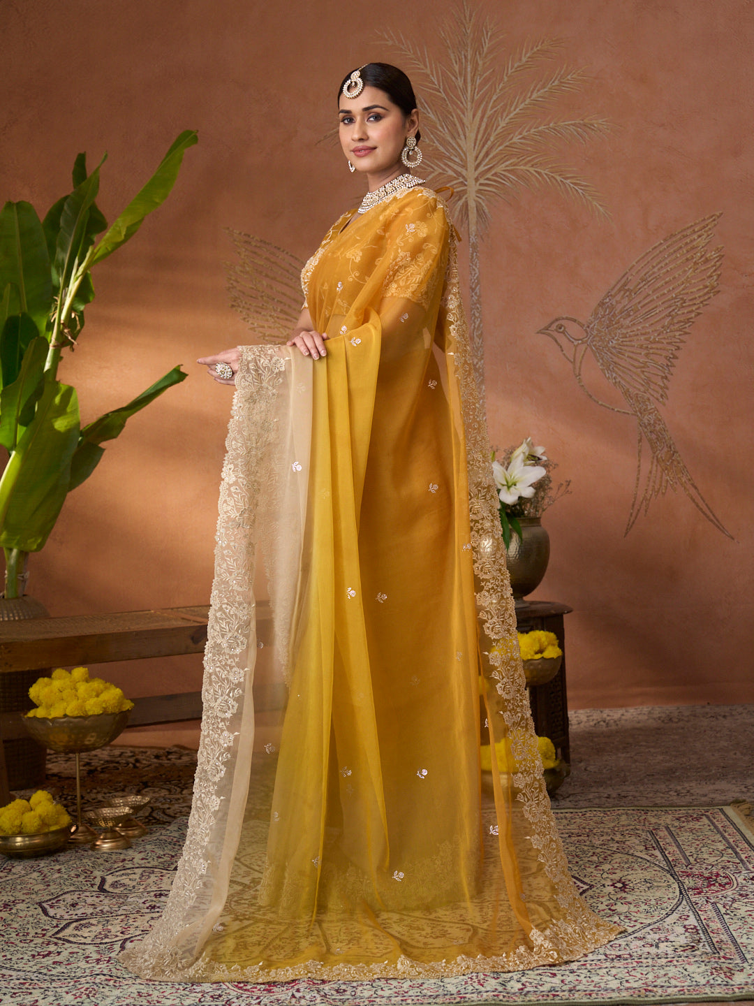 Mustard floral embroidered tissue organza saree bridal wear