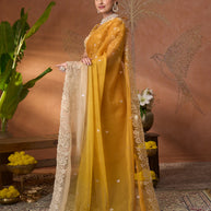 Mustard floral embroidered tissue organza saree bridal wear