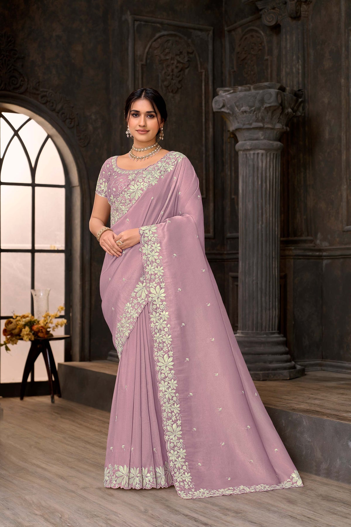 Purple embroidered tissue organza saree festive wear