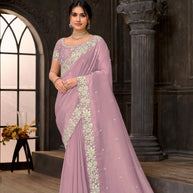 Purple embroidered tissue organza saree festive wear