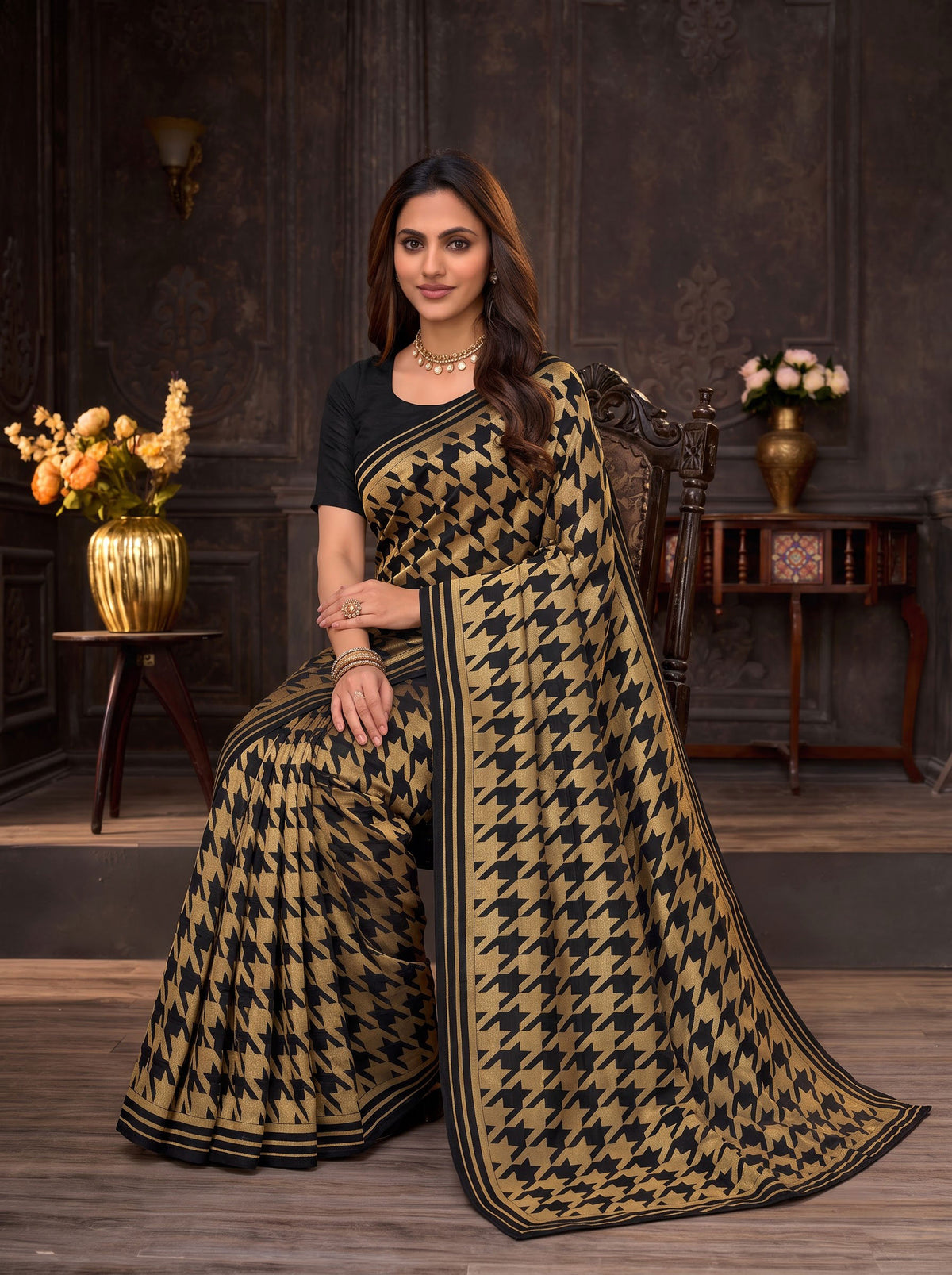 Golden embroidered silk blend saree daily wear