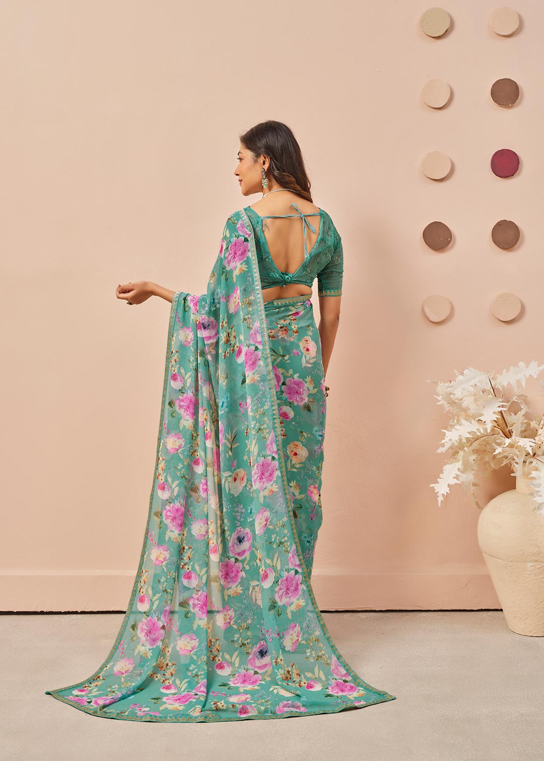 Blue floral printed georgette saree casual wear