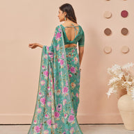 Blue floral printed georgette saree casual wear
