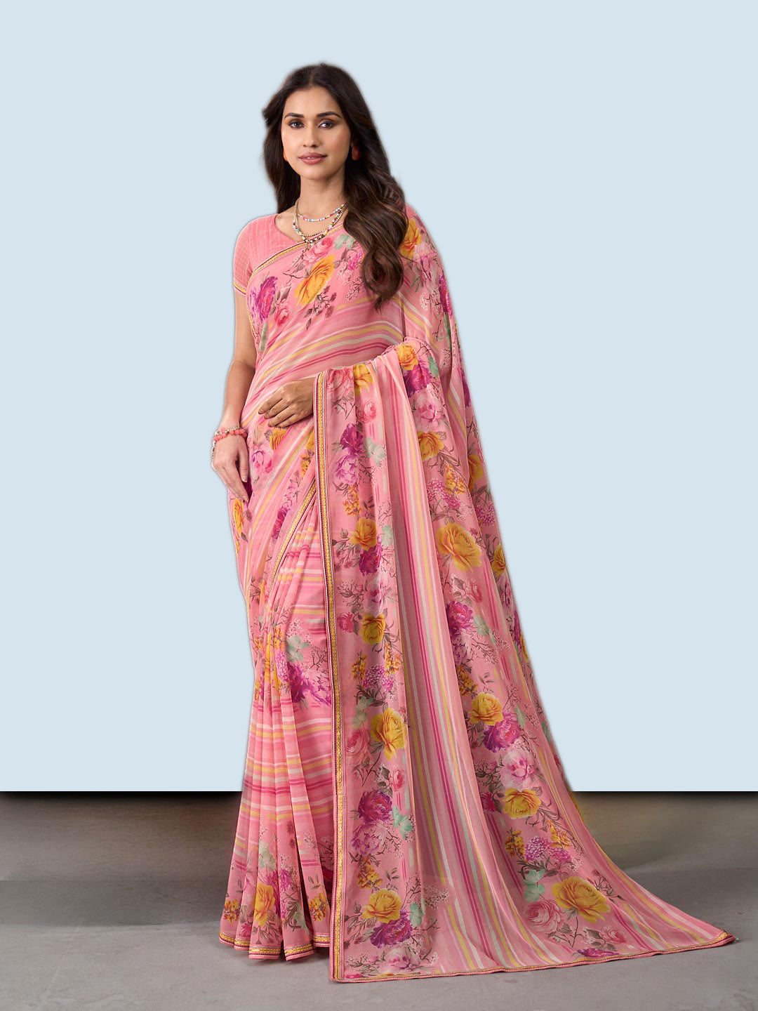 Laxmipati Rudramala Pink Georgette Floral Printed Saree