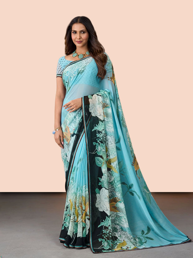 Laxmipati Rudramala Blue Georgette Floral Printed Saree