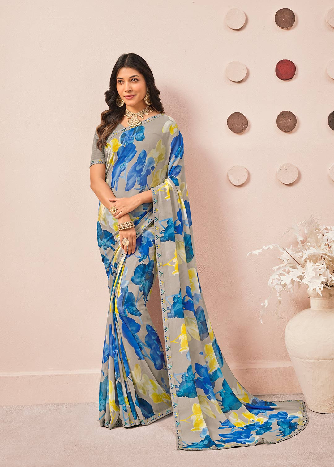 Grey floral printed georgette saree daily wear