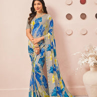 Grey floral printed georgette saree daily wear