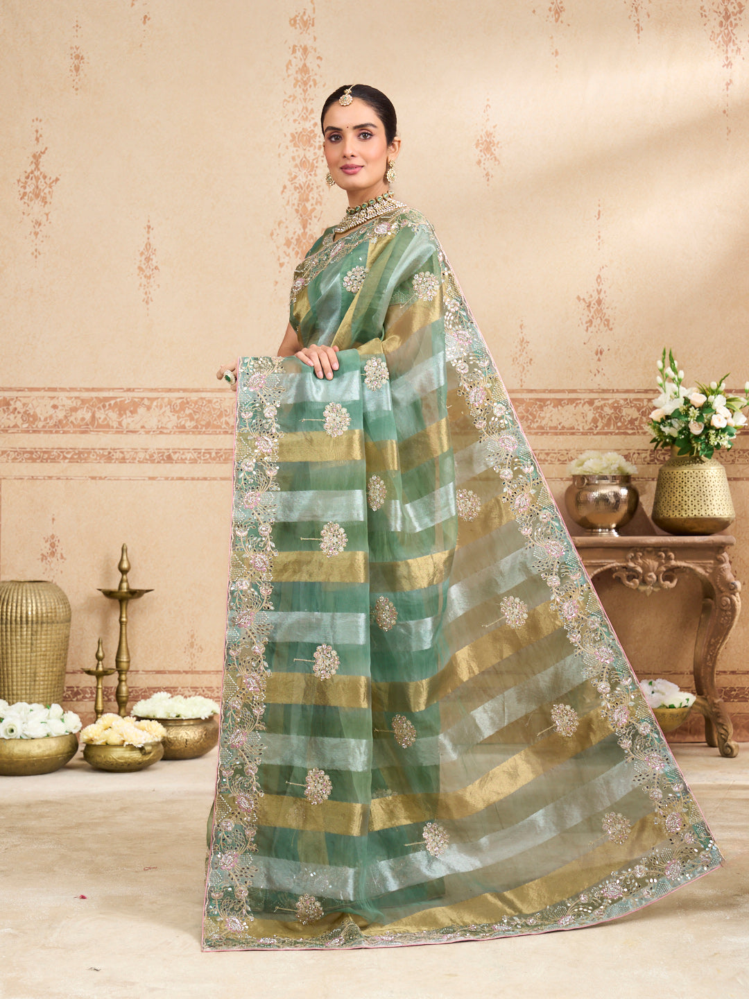 peacock green saree