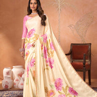 Cream embroidered silk blend saree festive wear