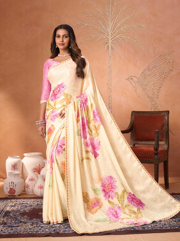 Cream embroidered silk blend saree festive wear