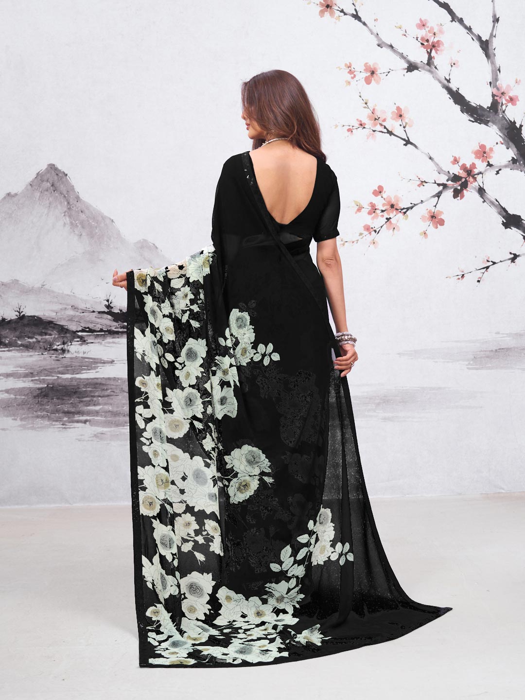 Black floral printed georgette saree festive wear