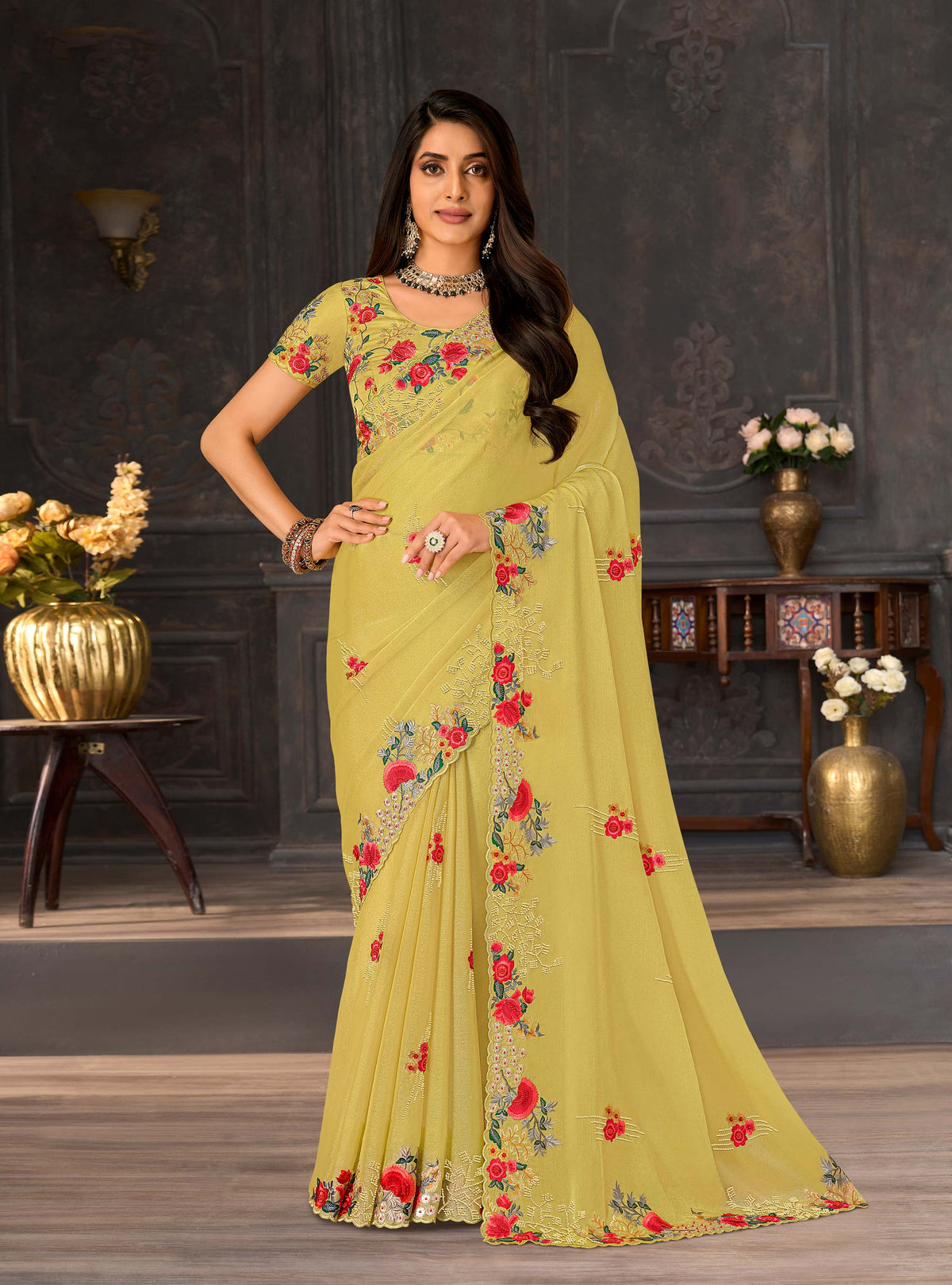 Yellow embroidered chiffon saree festive wear