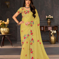 Yellow embroidered chiffon saree festive wear