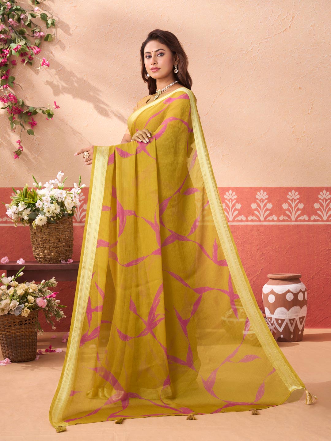 Olive Green printed chiffon saree daily wear
