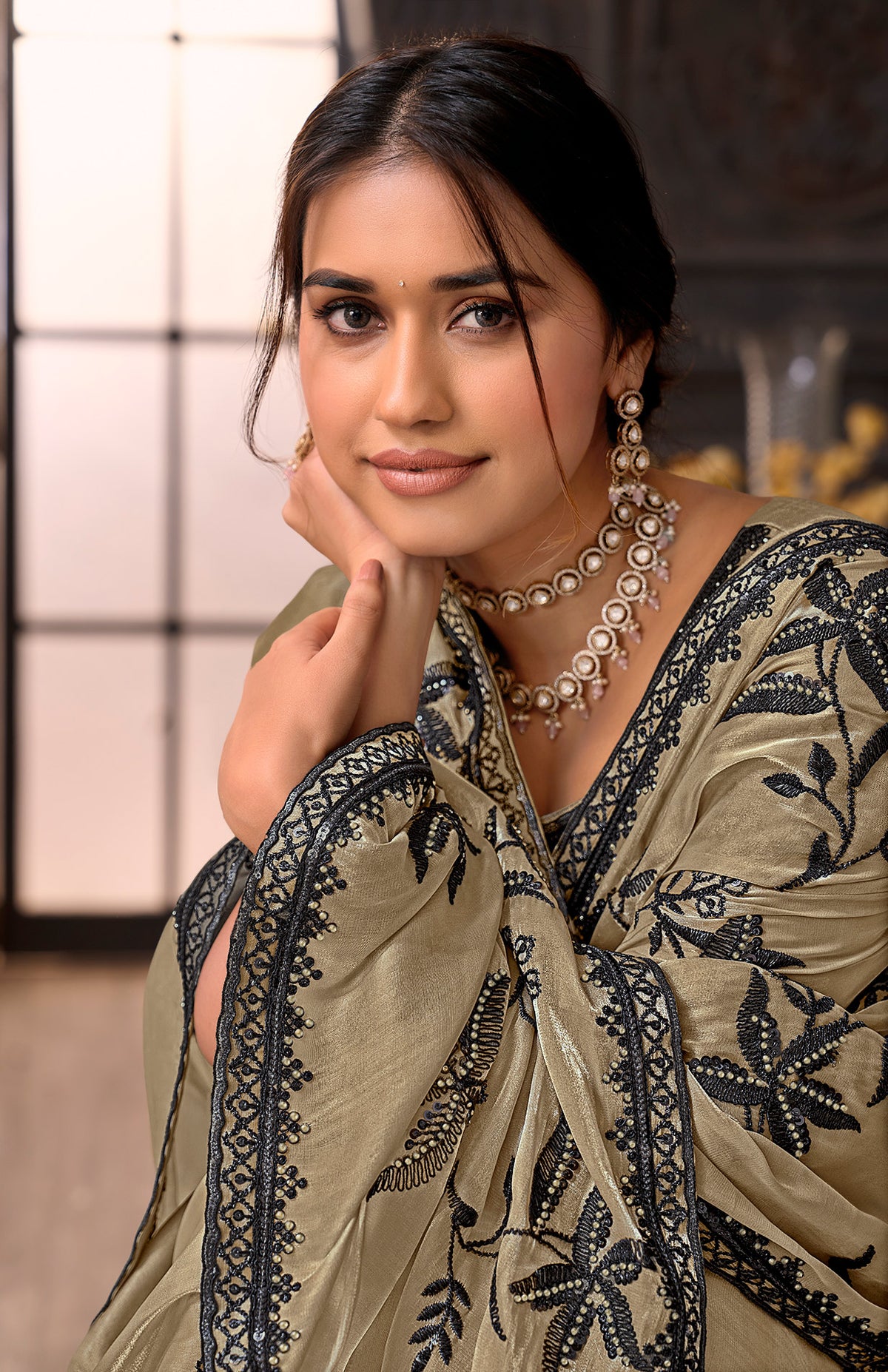 Brown embroidered tissue organza saree daily wear