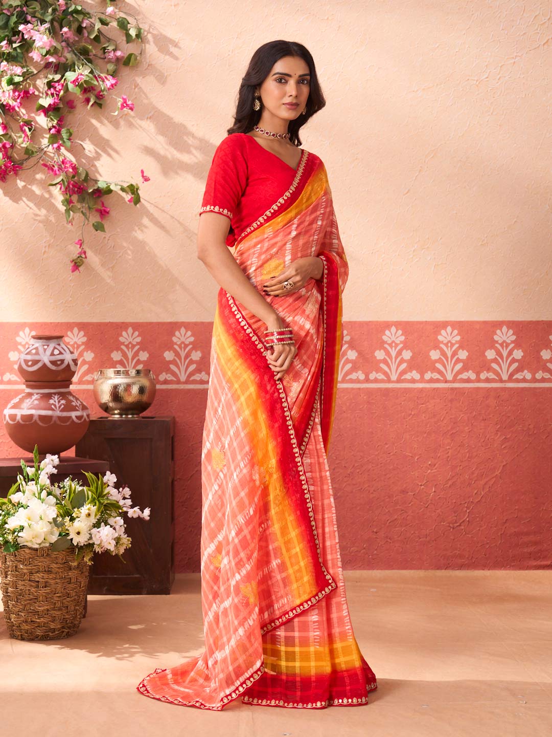 Pink floral printed chiffon saree casual wear