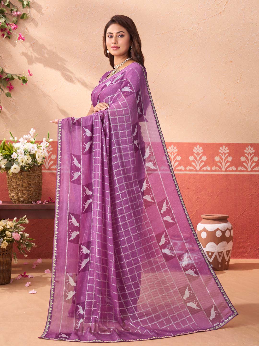Purple printed chiffon saree daily wear