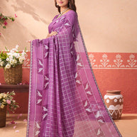 Purple printed chiffon saree daily wear