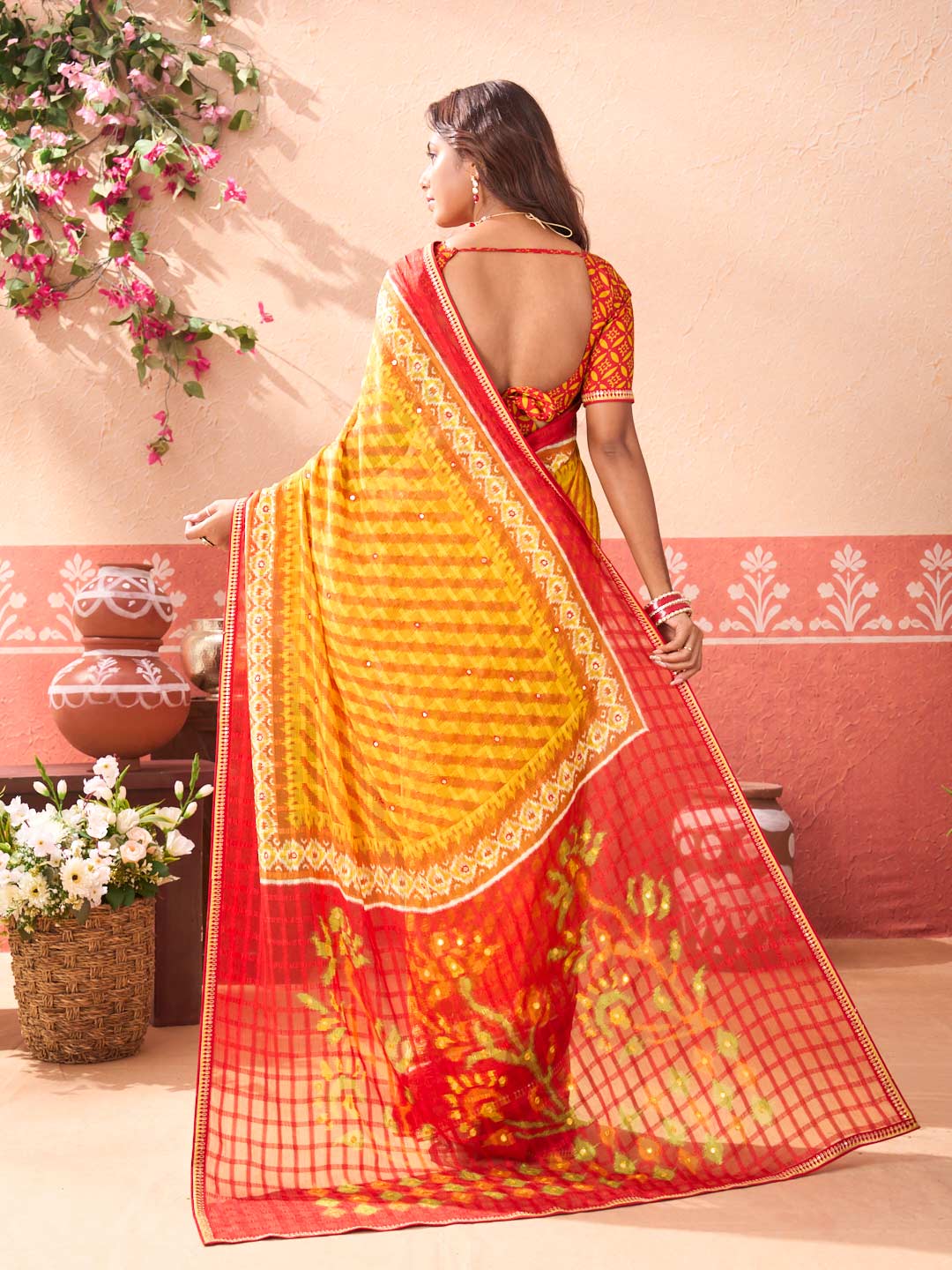 Mustard floral printed chiffon saree party wear