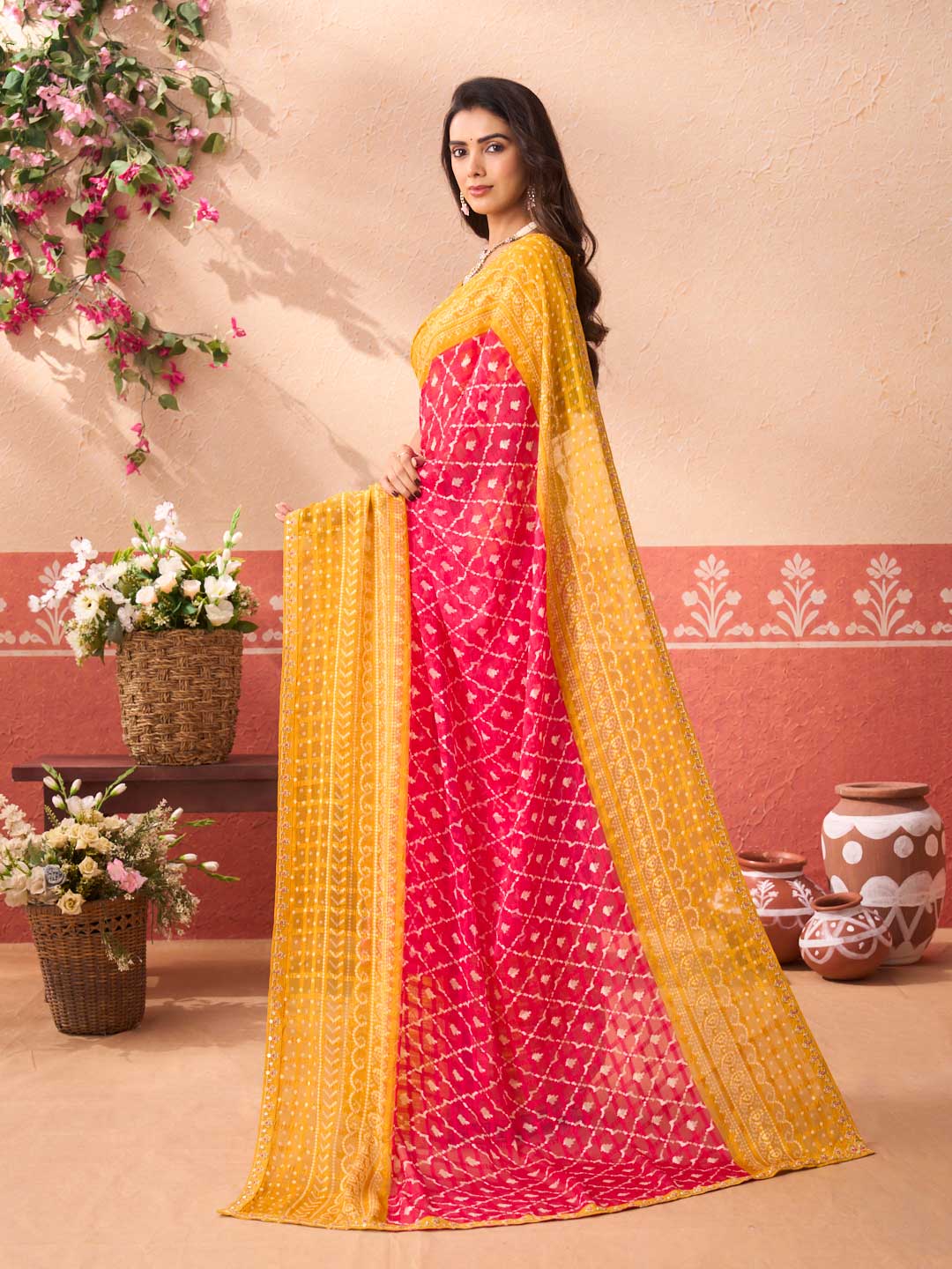 Pink geometric printed chiffon saree party wear
