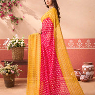 Pink geometric printed chiffon saree party wear