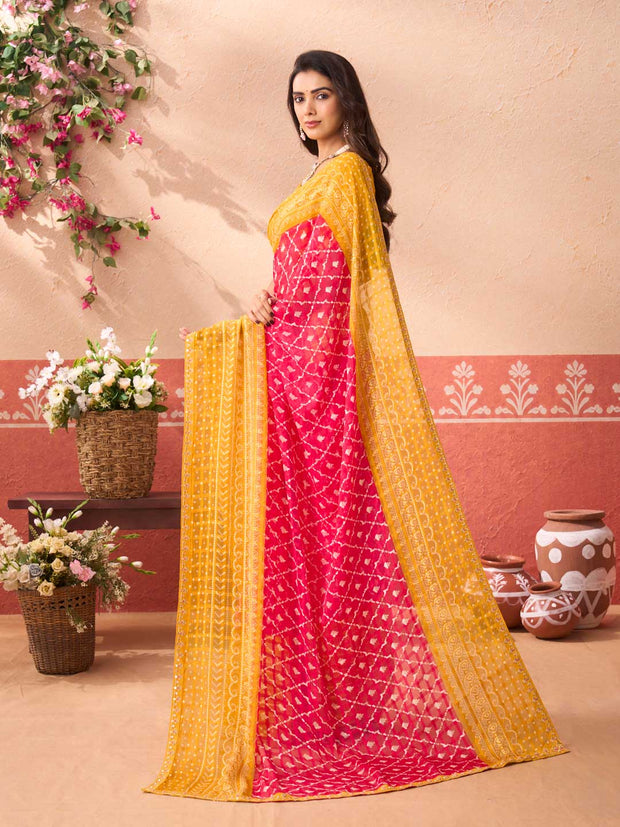 Pink geometric printed chiffon saree party wear