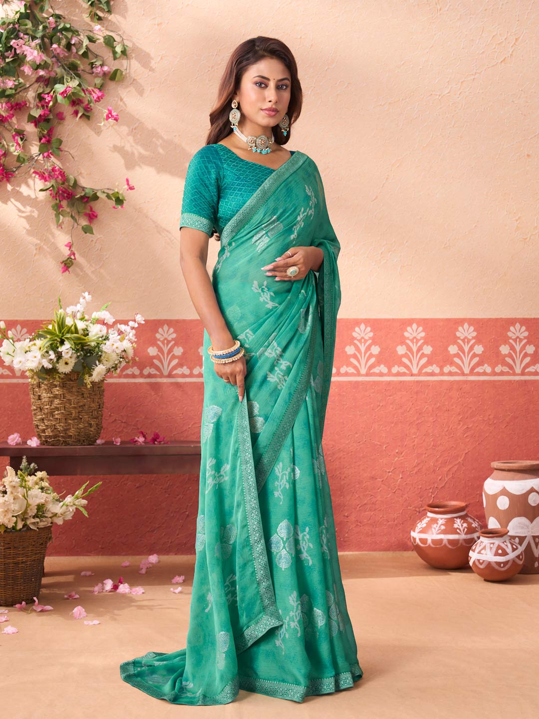 Blue floral printed silk blend saree casual wear