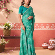 Blue floral printed silk blend saree casual wear