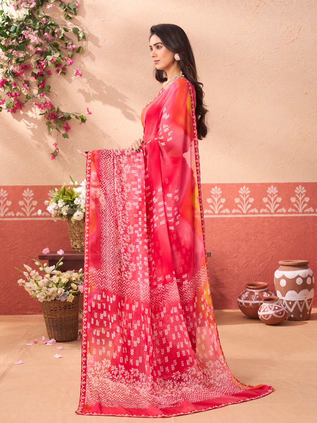 Pink floral printed chiffon saree daily wear